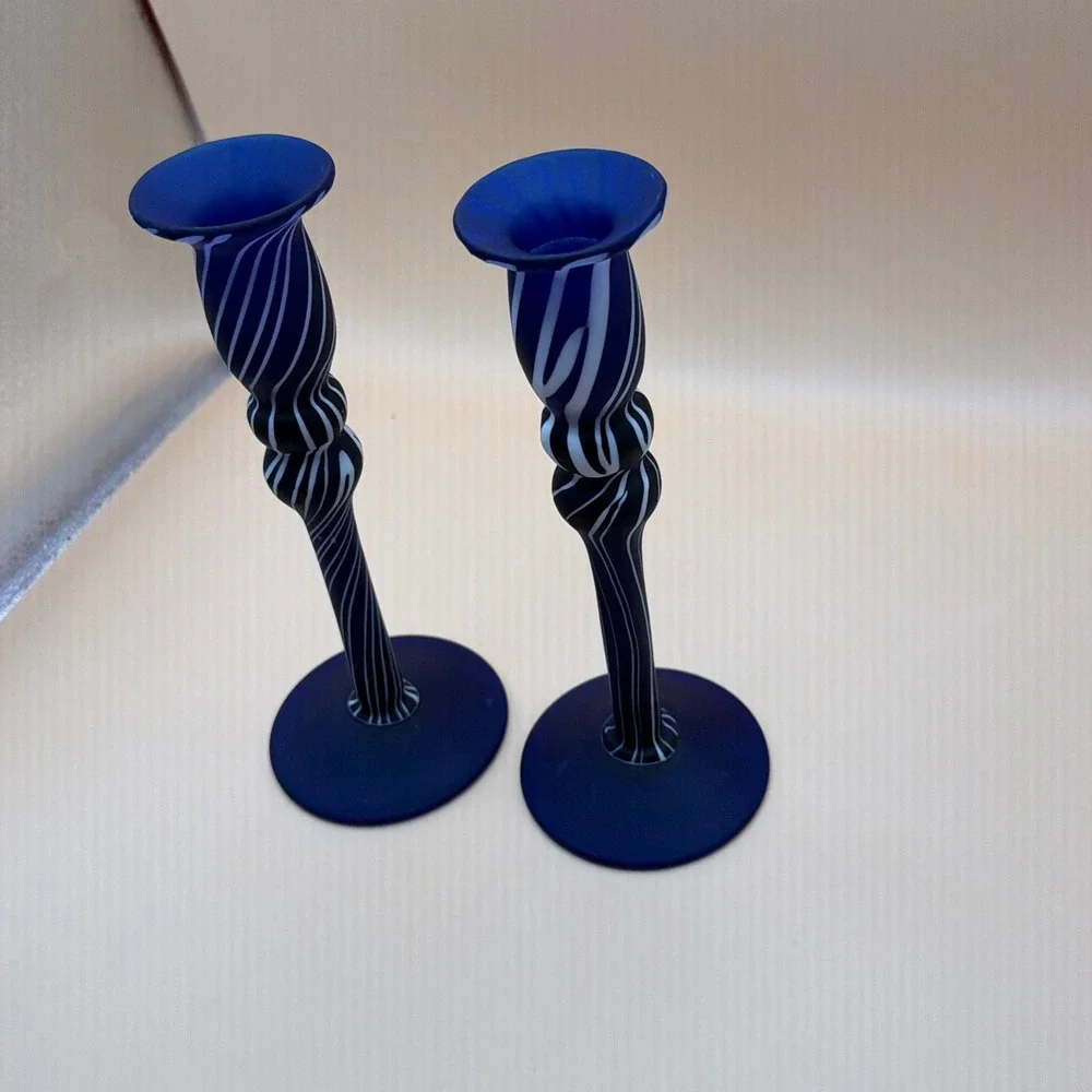 Vintage Cobalt Blue White Swirl Art Glass Candlestick Holders Set of 2 Frosted